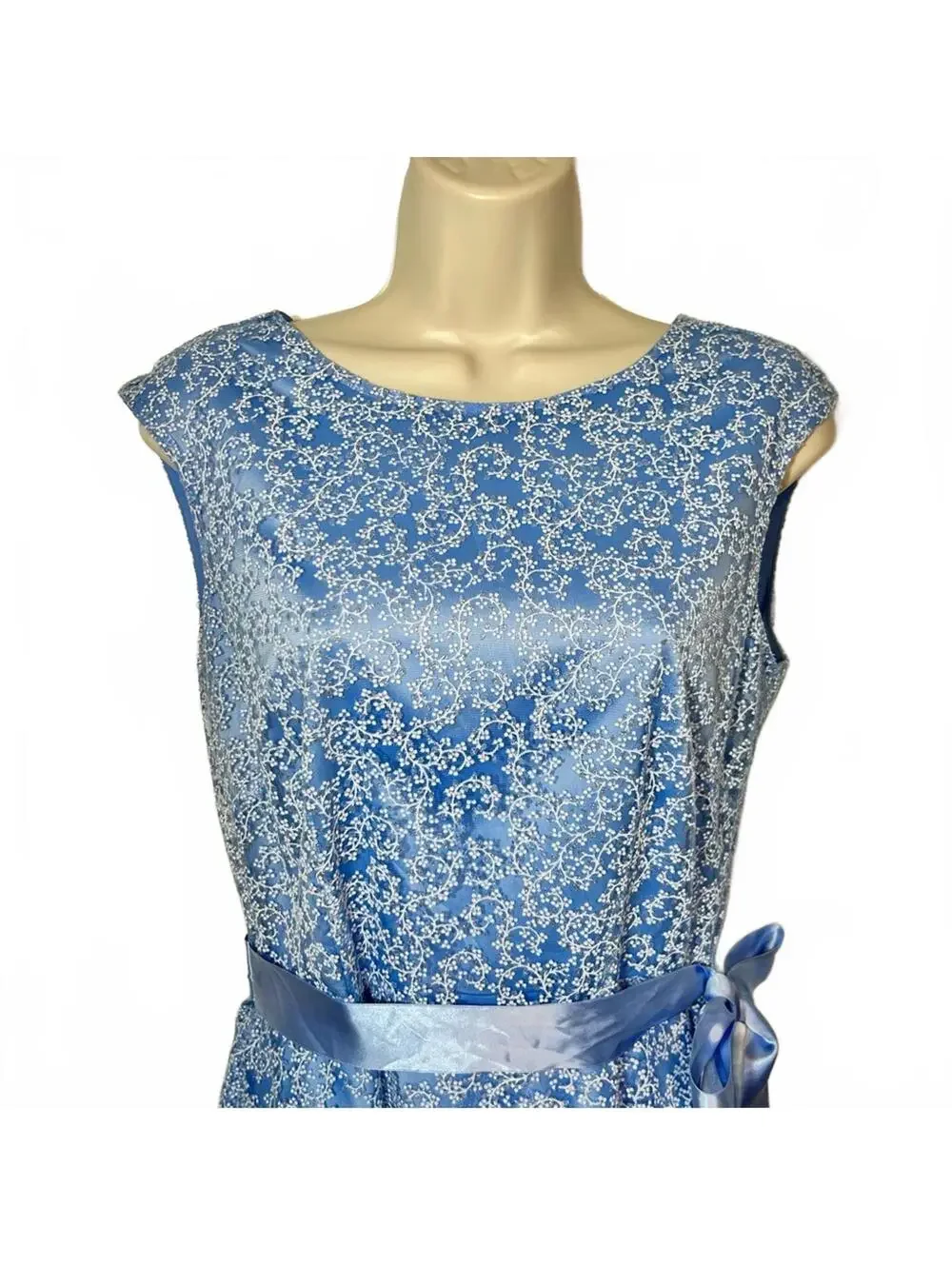 Tahari Sleeveless Carolina Blue White/Silver Sheer Overlay w Ribbon Sash | Sz 4 - Picture 3 of 13